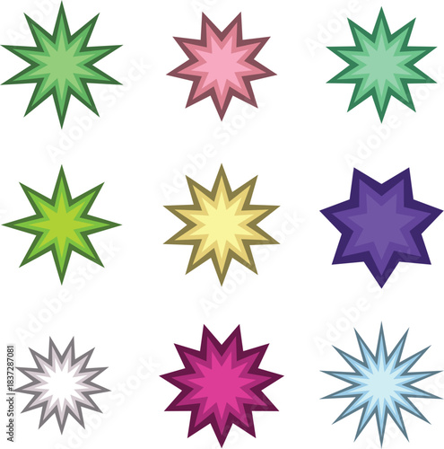 Set of nine colorful starburst shapes in various hues, perfect for adding dynamic visual impact and decorative flair to graphic designs and creative projects