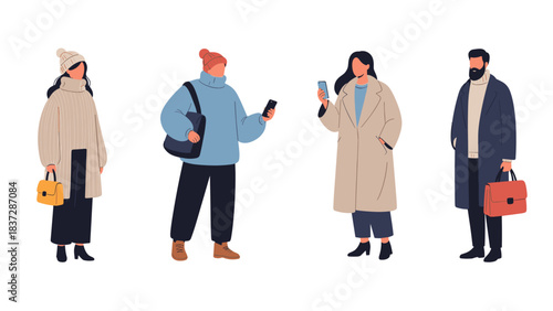 Group of four stylish people wearing warm winter clothing