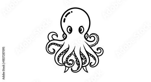 Cute black and white outline drawing of an octopus