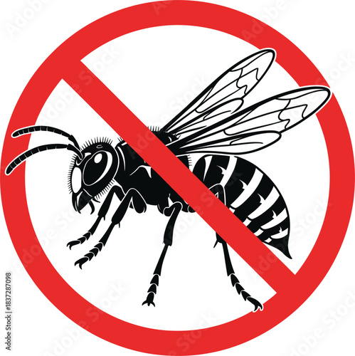 No wasps warning sign featuring a detailed insect silhouette inside a red prohibition circle for safety, pest control, and caution graphics.