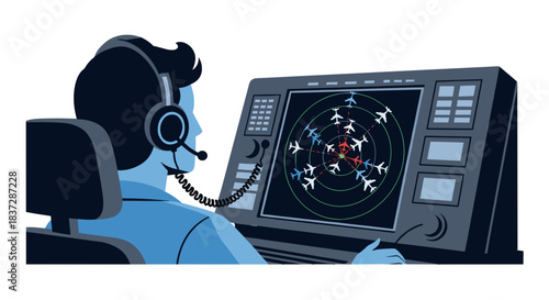 Air traffic controller working on radar screen with airplane traffic
