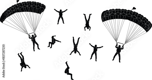 Black Silhouette Vector Illustration of Skydivers and Parachutists in Freefall and Landing Action, Extreme Skydiving Sport Concept