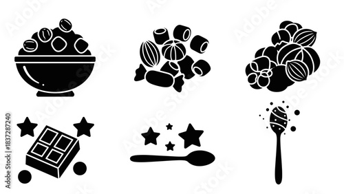 Set of black silhouette icons representing chocolate and sweet dessert ingredient
