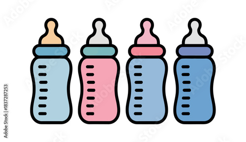 Four colorful baby bottles are lined up on a white background.