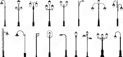 Black and white silhouette collection of vintage and modern street lamps, urban lighting poles, decorative lamp posts, city infrastructure design set