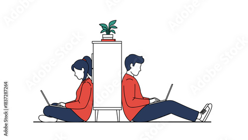 Two people working on laptop computer sitting back to back