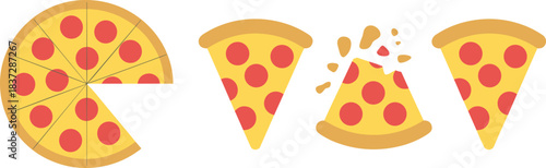 Flat cartoon illustration set of whole pepperoni pizza and slices, including bitten slice, fun food graphics perfect for menus, icons and branding