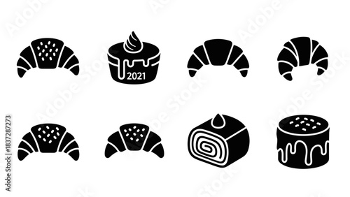 Set of black and white pastry and bakery icon collection