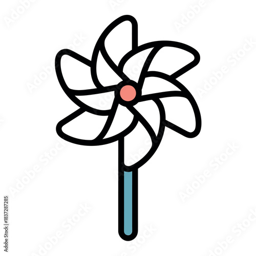 A simple white pinwheel toy with a pink center stands on a blue stick.