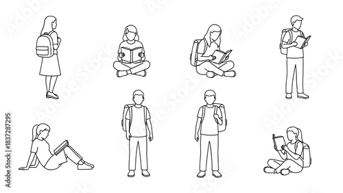 Set of line art drawing of student people reading and standing