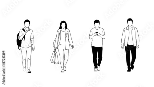 Line art illustration of four diverse young adult people walking