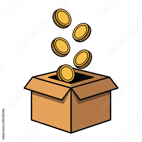 Gold coins are falling into a donation box, symbolizing charity and generosity.