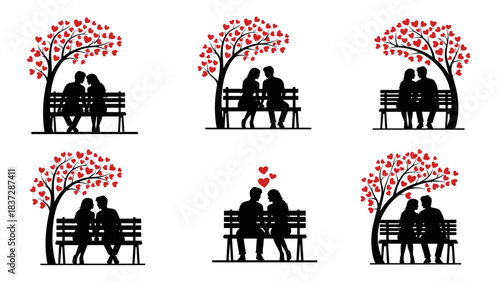 Set of six romantic couple silhouettes sitting under heart tree