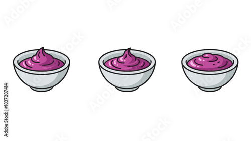 Three bowls of purple cream or yogurt