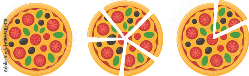 Flat cartoon illustration set of whole pepperoni pizza, sliced pizza, and pizza with missing slice, perfect for menus, food graphics, and branding
