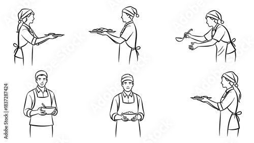 Set of six line art illustrations of server or cook performing various tasks