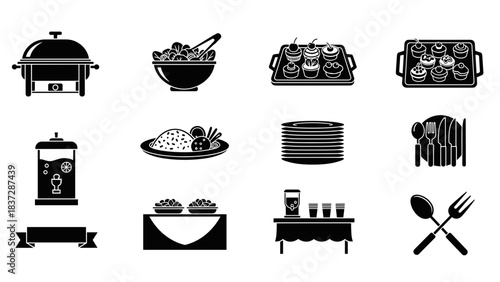 Set of black and white icon for catering food service and buffet