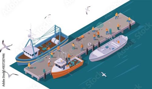 Isometric illustration of a busy fishing harbor with boats, fishermen, docks, equipment, and seagulls, depicting marine industry and coastal activity