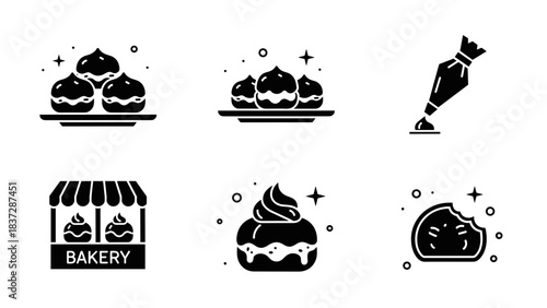 Set of black and white pastry and bakery icons for food design