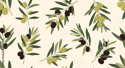 Seamless pattern with elegant olive branches featuring green and black olives on a light beige background for a rustic feel.
