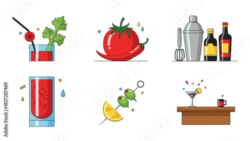 Set of flat icon illustration for bloody mary cocktail ingredient