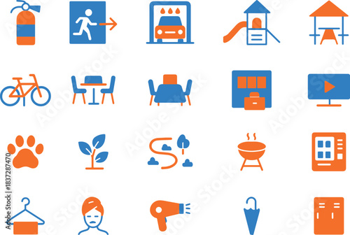 Hotel amenities and services icon set with essential facilities and leisure options for guests in blue and orange