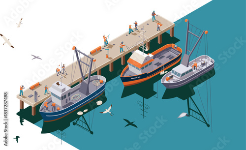 Isometric illustration of a busy fishing harbor with boats, fishermen, docks, equipment, and seagulls, depicting marine industry and coastal activity