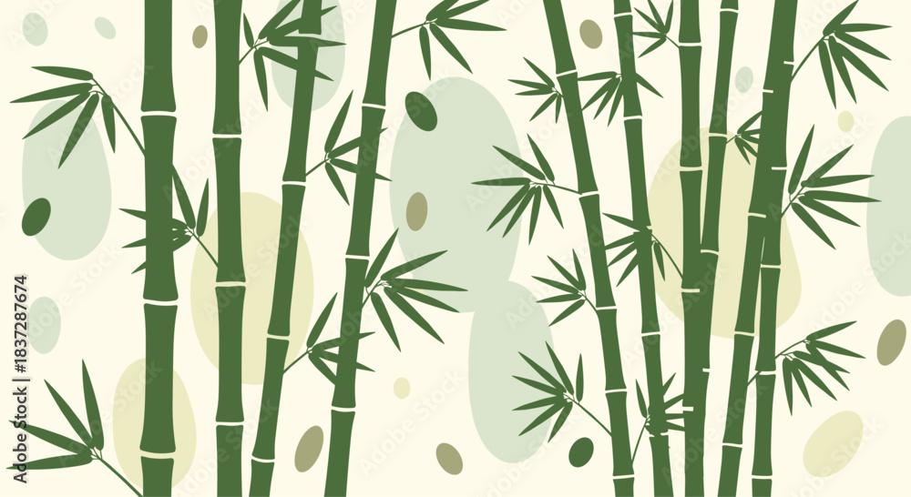 Fototapeta premium A tranquil and artistic background of dark green bamboo stalks and leaves with abstract neutral-colored shapes creating depth.