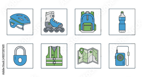 Set of eight essential outdoor activity and safety equipment icons
