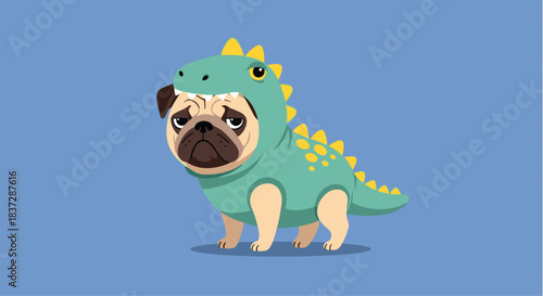 Adorable and funny pug dog with a very sad expression wearing a cute green dinosaur costume against a solid blue background.