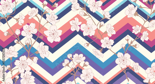 Modern seamless pattern combining delicate cherry blossom branches with a bold and colorful chevron geometric background pattern.