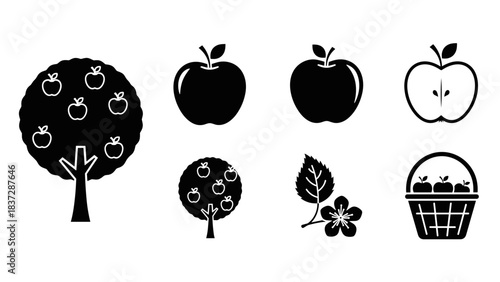 Set of black and white apple icons including tree, fruit, and basket