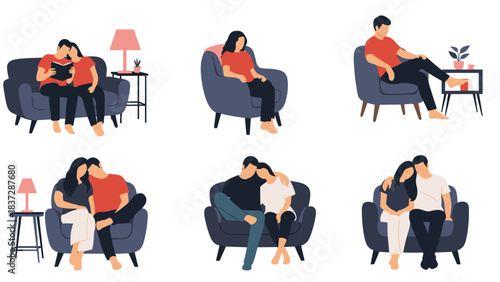 Set of couple sitting on sofa and armchair in various poses
