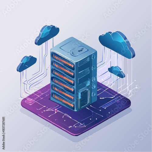 Cloud computing server rack with interconnected data streams and stylized clouds representing distributed information storage solutions
