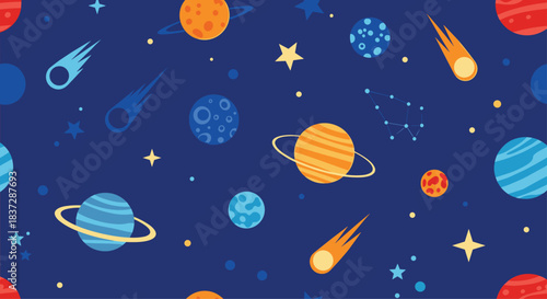 Colorful and fun seamless outer space pattern for kids with cartoon planets stars comets and constellations on a blue background.