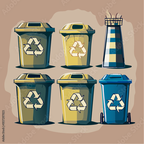 Illustration of various recycling bins for waste segregation, paired with an industrial chimney, emphasizing sustainable waste management, environmental protection, and responsible resource use