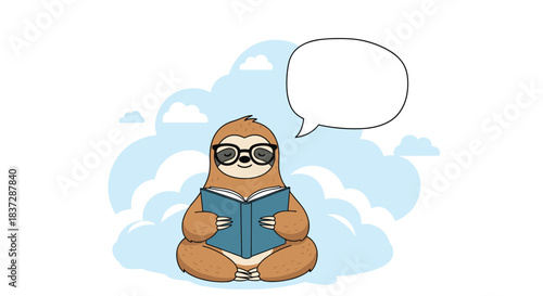 Cute cartoon sloth wearing glasses sits reading a book with a blank speech bubble against a background of soft blue clouds.