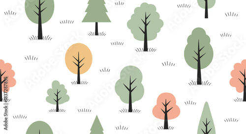 Minimalist seamless pattern featuring stylized colorful trees in green and orange on a clean white background for nursery decor.
