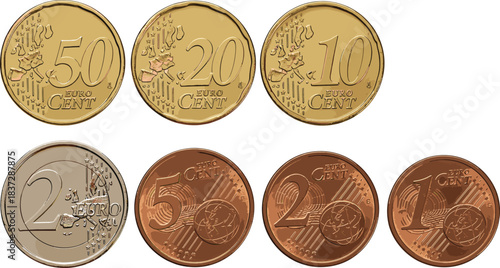Realistic vector illustration of European euro coins including cents and euro denominations for finance, banking, currency, and money-related designs.