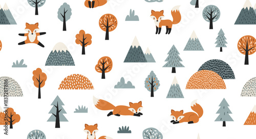 Cute seamless woodland pattern with cartoon foxes doing yoga sleeping among trees and mountains in a scandinavian art style.