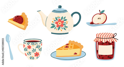 Cozy tea time collection featuring a teapot cup pie jam jar and an apple isolated on a clean white background for design.