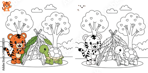 Cute cartoon tiger and turtle building a shelter. Vector illustration for coloring book with colored characters and outline background trees.