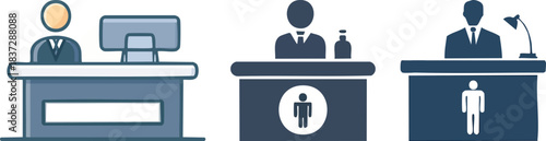 Reception desk icon showing bold counter silhouette with simple human figure ideal for service industry illustrations