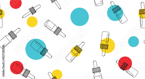 Seamless pattern of cosmetic dropper bottles in a simple line art style scattered over a background of colorful primary circles.