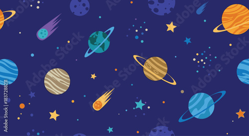 Vibrant and playful seamless space pattern with colorful cartoon planets stars and comets on a deep blue background for kids.