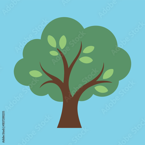 A simple cartoon illustration of a tree with green leaves against a blue sky.