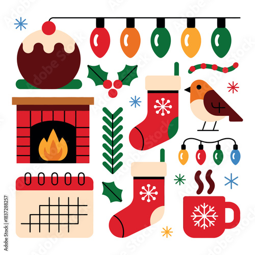 A collection of festive Christmas icons including a pudding, stockings, and a robin bird.