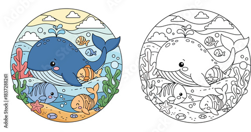 Cute cartoon blue whale and colorful fish swimming underwater. Vector circular illustration of marine life and ocean nature.