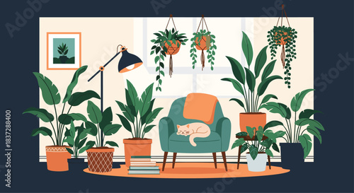Cozy living room interior filled with numerous green potted plants a comfy armchair with a sleeping cat and a floor lamp.