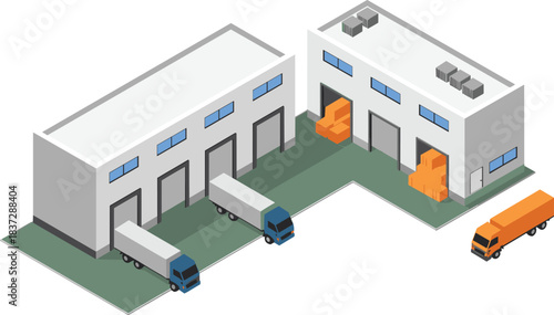 Isometric illustration of modern warehouse distribution center with loading docks, trucks, cargo pallets, storage buildings and logistics transportation operations